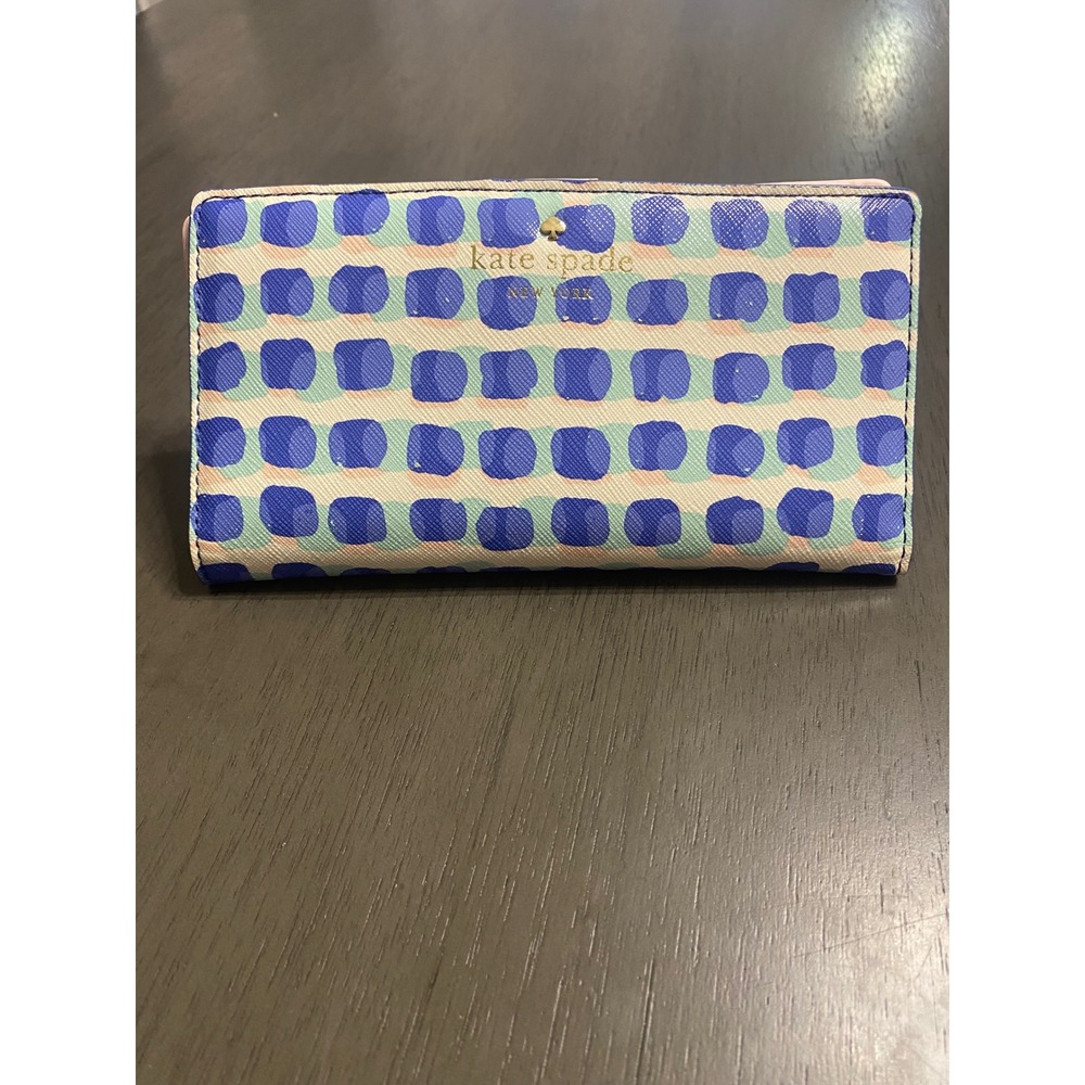 Kate Spade Blue Dot Stripe Bifold Wallet Pink Leather Interior Slim Clutch